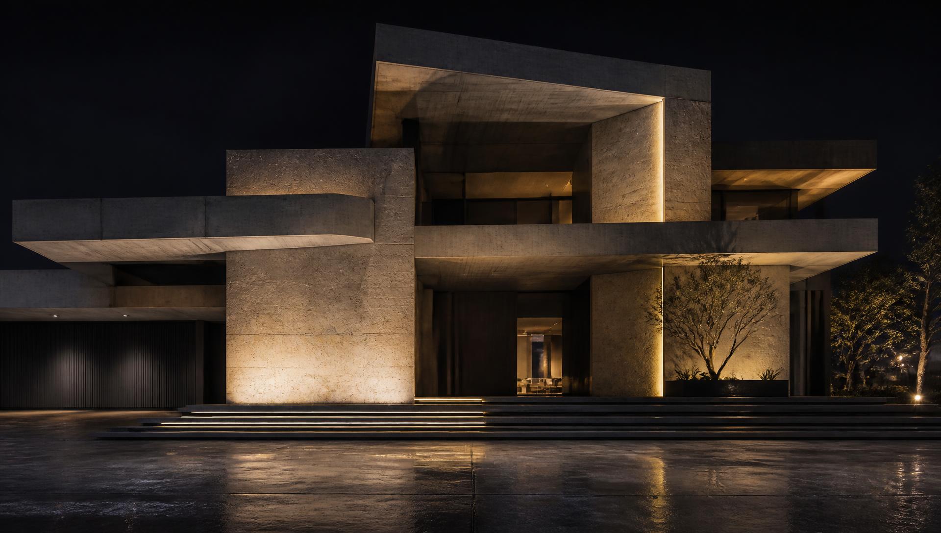 ZG Developments brutalist villa facade at night
